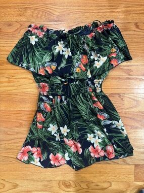 Tropical Off-Shoulder Floral Romper - Navy Base